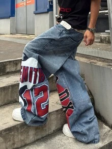 STEELVANCE 男士 Y2K 復古水洗寬鬆寬腿牛仔褲，字母與數字圖案印花嘻哈街頭風丹寧長褲（不含腰帶與配件） - 淺色水洗藍 - 查看 5
