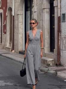 Serisse Women's Deep V-Neck Plaid Casual Daily Wear Jumpsuit Wide Leg Pants - Black - View 4