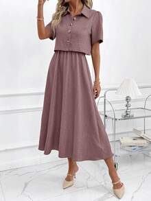 SHEIN Clasi Women's New Elegant Denim Effect Shirt & Camisole Dress 2-Piece Set, Suitable For Commuting And Multiple Occasions - Dusty Purple - View 6