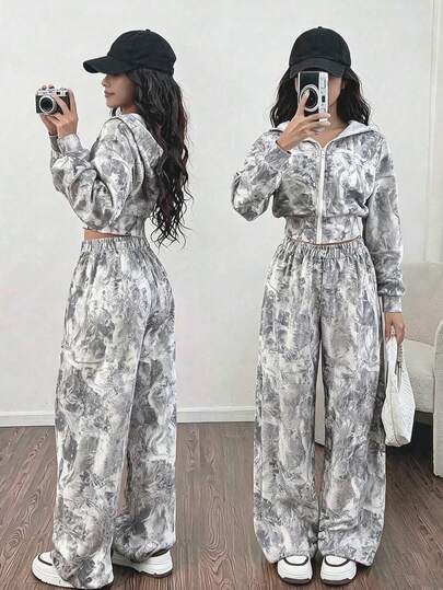 Teen Girls Outfits Set Hoodies Jacket 2-Piece Set, Casual, Minimalist, Loose, Knit, Back To School, Vintage, Fall Clothes, Fall, Vacation Zipper Y2k