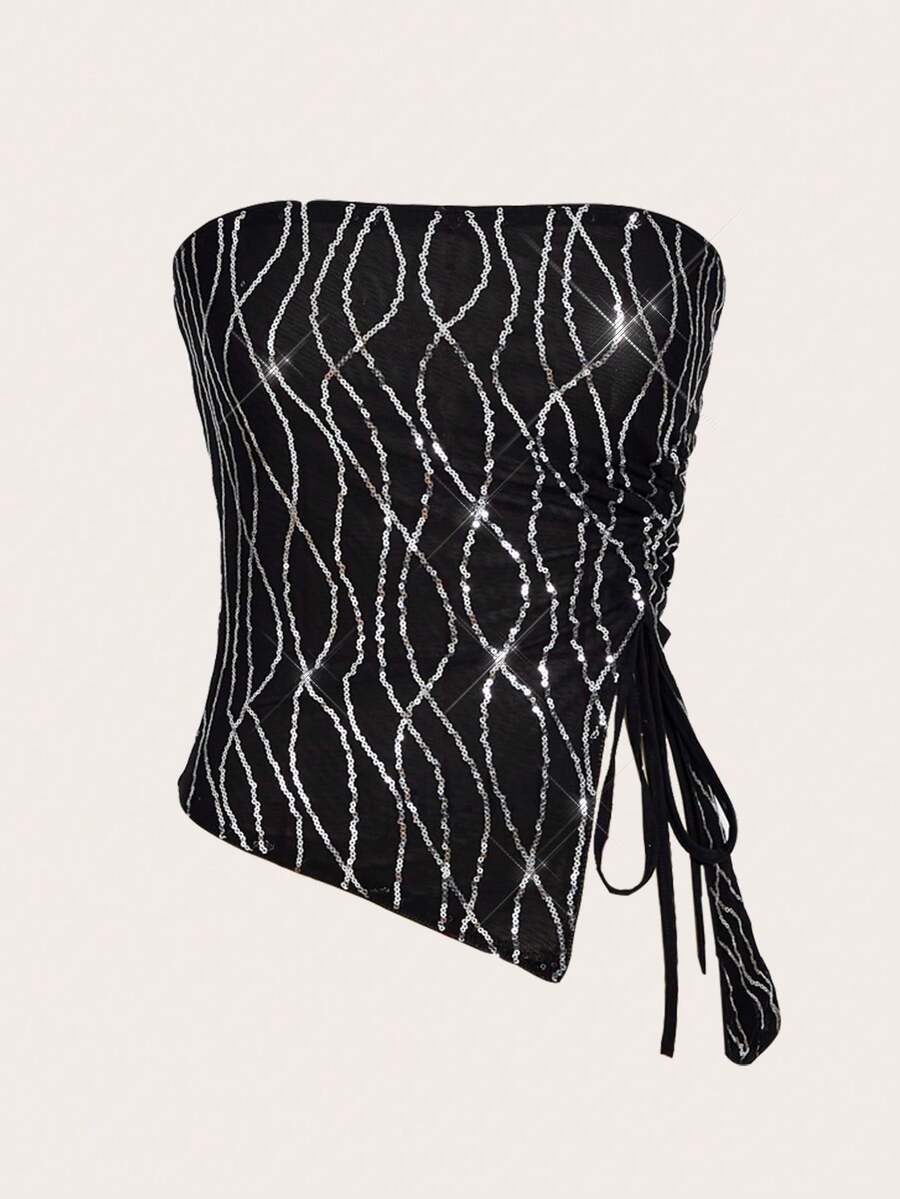 SHEIN ICON 外出上衣 撞色亮片抽绳侧边抹胸派对上衣 - 彩色 - 查看 1