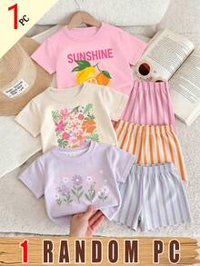 Souflis Souflis (3 Pcs Acak, Kirim 1 Pcs) Kaos Pendek Kasual Fashion Anak Perempuan Motif Kartun Kuning Lemon Bunga Warna-warni dengan Tulisan Slogan Pink - Berwarna merah muda - View 1