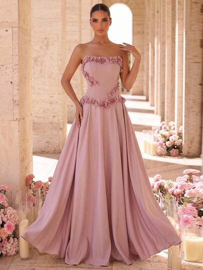 Glamrae Elegant Classical Off-Shoulder Satin 3D Floral Decor Bodice With Internal Boning, Spliced Satin A-Line Long Skirt, Suitable For Holiday Celebrations, Weddings, Balls, Concerts, Business Guest Banquets, Internet Celebrity Events, Women's Formal Evening Gown