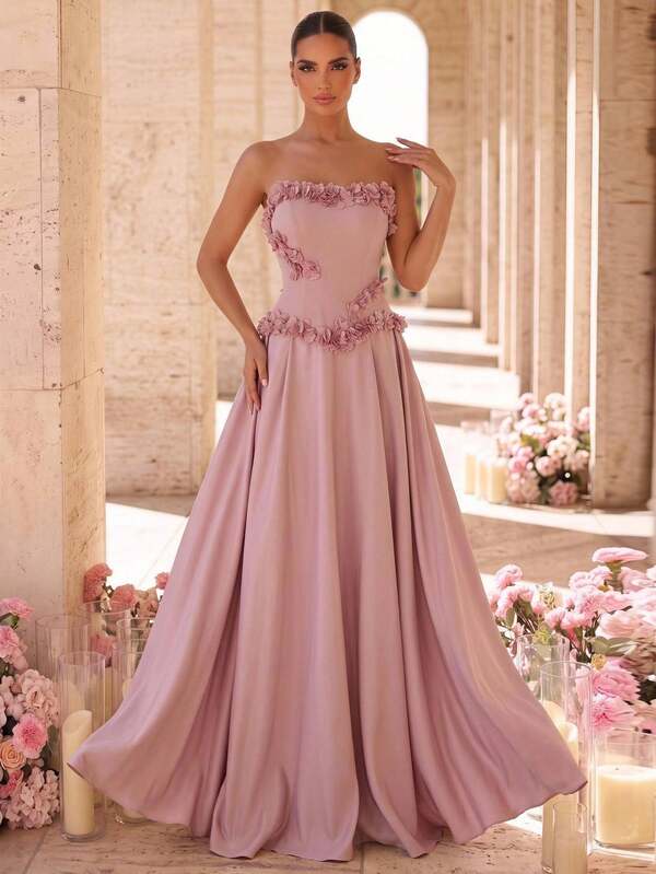 Glamrae Elegant Classical Off-Shoulder Satin 3D Floral Decor Bodice With Internal Boning, Spliced Satin A-Line Long Skirt, Suitable For Holiday Celebrations, Weddings, Balls, Concerts, Business Guest Banquets, Internet Celebrity Events, Women's Formal Evening Gown