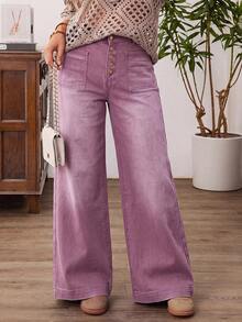 EMERY ROSE Plus Size Women Loose Button Front Wide Leg Casual Jeans - Dusty Pink - View 1