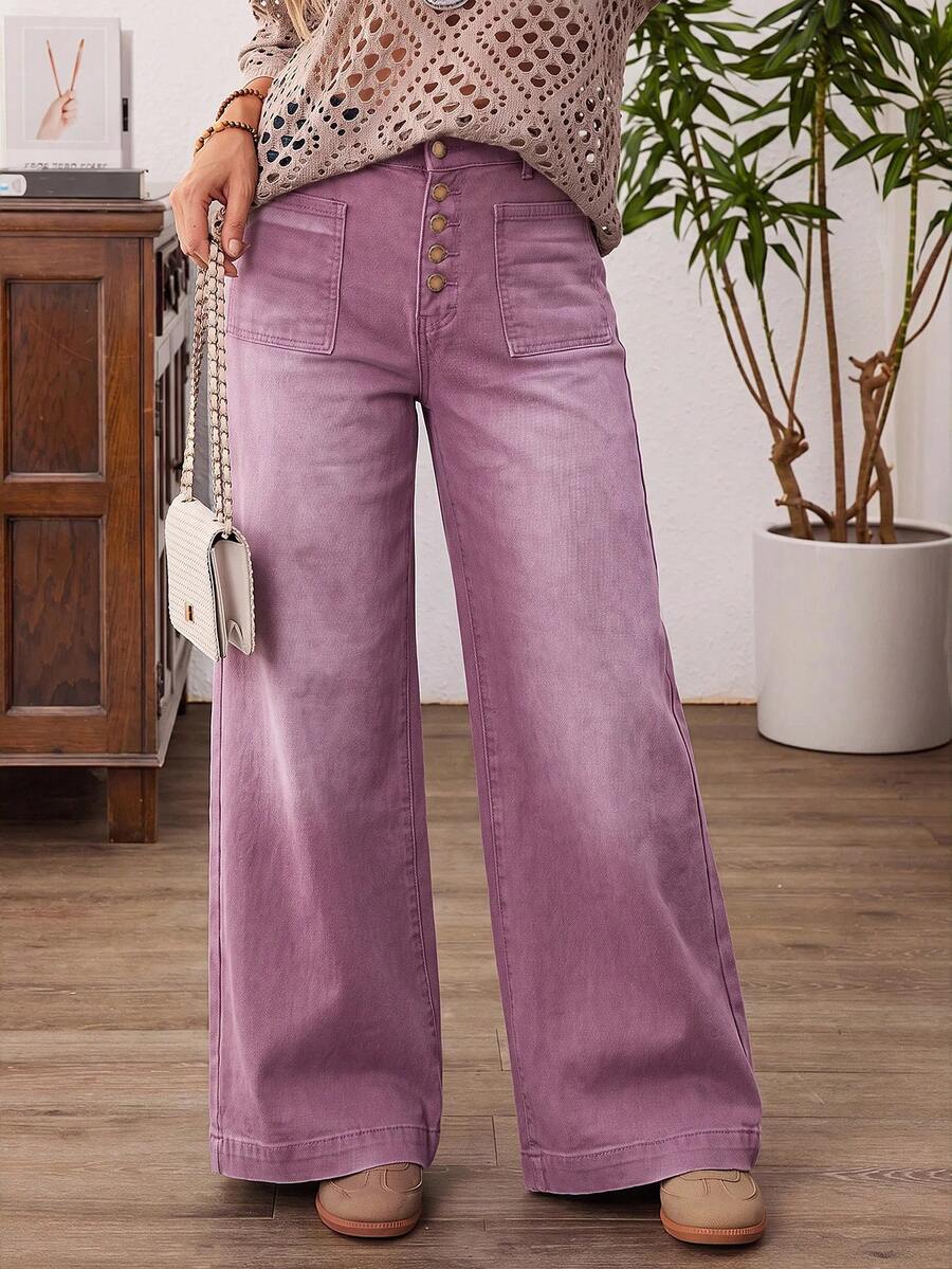 EMERY ROSE Plus Size Women Loose Button Front Wide Leg Casual Jeans - Dusty Pink - View 1