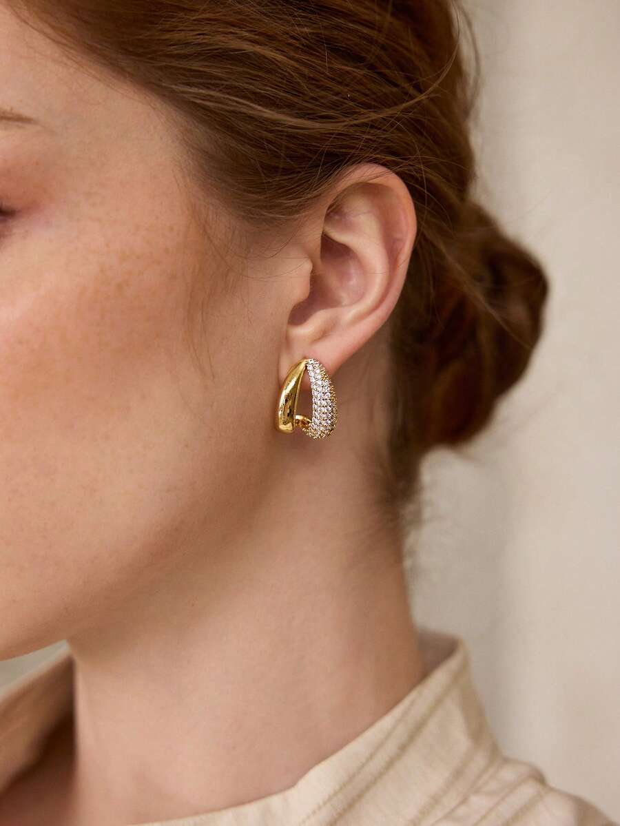 MOTF PREMIUM SEMI-DENSE DIAMOND-SET STAGGERED DOUBLE-CIRCLE EARRINGS, HEAVY INDUSTRY TWIST RING LIGHT LUXURY DINNER DRESS EARRINGS - Gold - View 1