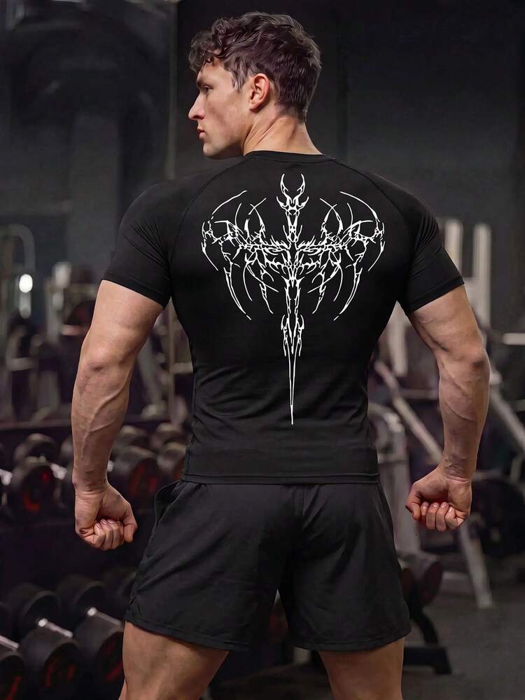 GymBeat Men's Gothic Letter Print Round Neck Raglan Sleeve Compression Shirt,Black Summer Goth Gym Sport T-Shirt Workout Top Fitted Sports - Black - View 2