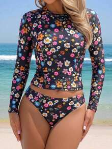 Swim SPRTY 女款夏季海灘花卉印花長袖休閒時尚泳衣與泳褲套裝 - 黑色 - 查看 7