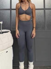 BiaLiraa 女款純色百褶短版背心與緊身褲2件式運動服套裝，健身運動夏季套裝 - 深灰色 - 查看 5