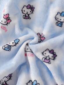 HELLO KITTY AND FRIENDS | SHEIN 聯名款少女秋冬新款可愛印花舒適保暖柔軟雙面法蘭絨開襟翻領長袖褲子2件式居家服套裝1套 - 藍色 - 查看 4