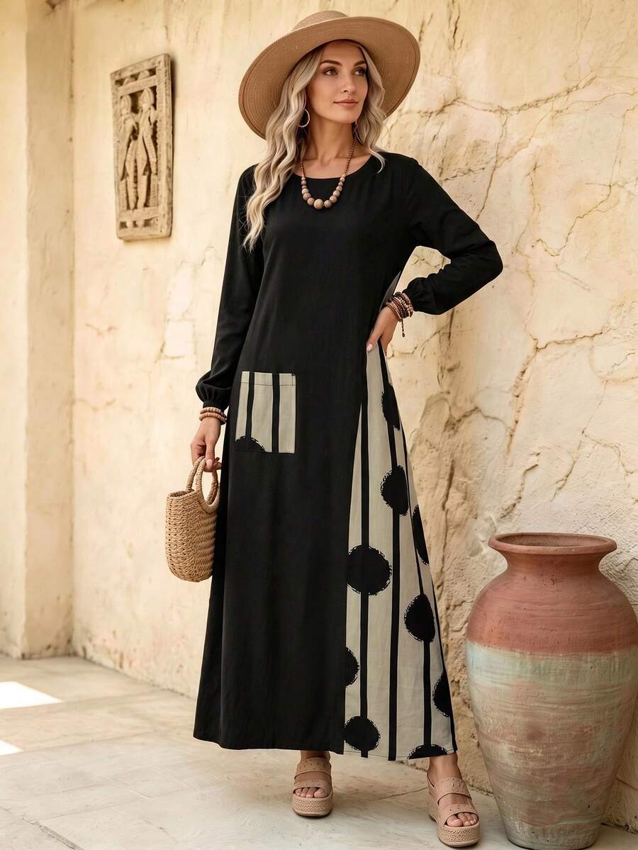 Elouméa Women's Round Neck Black & Apricot Contrast Color Long Sleeve Loose Fit Dress - Black - View 1