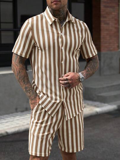 Manfinity CasualCool Men's Fashion Casual Striped Short Sleeve Shirt Set