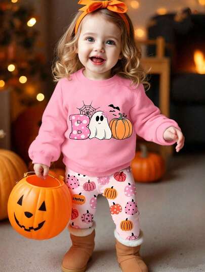 2pcs Baby Girl Casual Fashion Simple Sweet Cute Halloween Pumpkin Ghost Spider Web Print Crew Neck Sweatshirt Pullover And Pumpkin Long Pants Set, Suitable For Autumn/Winter