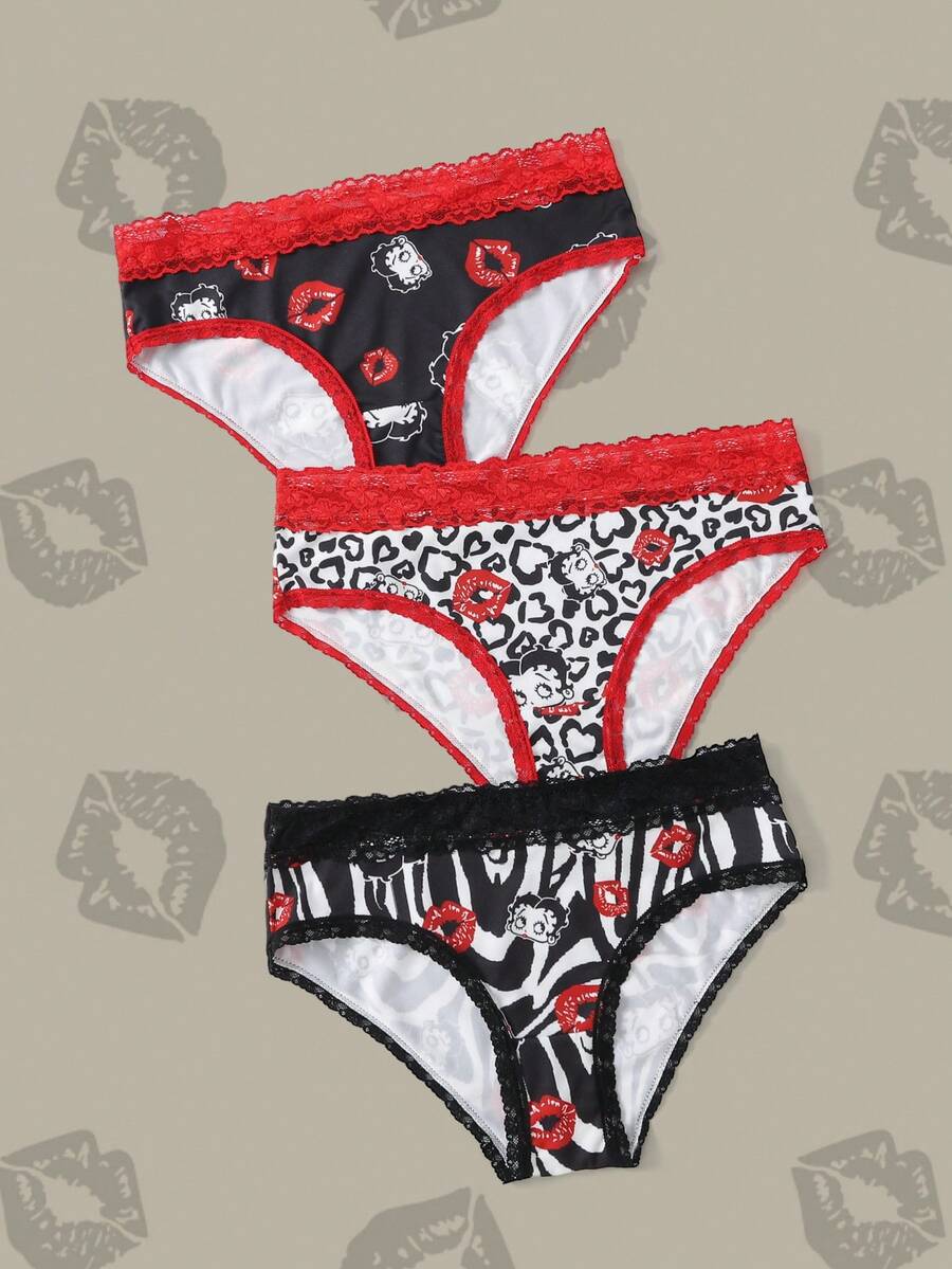 Betty Boop x SHEIN 女款蕾絲拼接唇印性感日常三角內褲 - 紅色 - 查看 1
