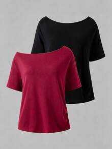 SHEIN Teen Girl Solid Color Asymmetrical Shoulder Short Sleeve Casual Versatile T-Shirt, Holiday, Comfortable - Multicolor - View 1