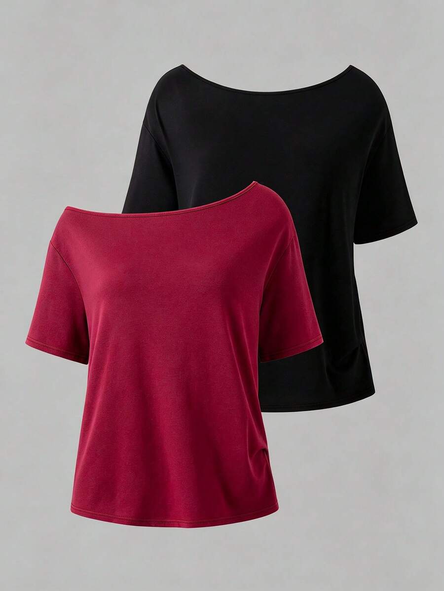 SHEIN Teen Girl Solid Color Asymmetrical Shoulder Short Sleeve Casual Versatile T-Shirt, Holiday, Comfortable - Multicolor - View 1