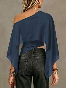 Ritzy Row Women's Solid Color Ruched Asymmetric Neck Casual Versatile Daily Commute Blouse - Blue - View 2