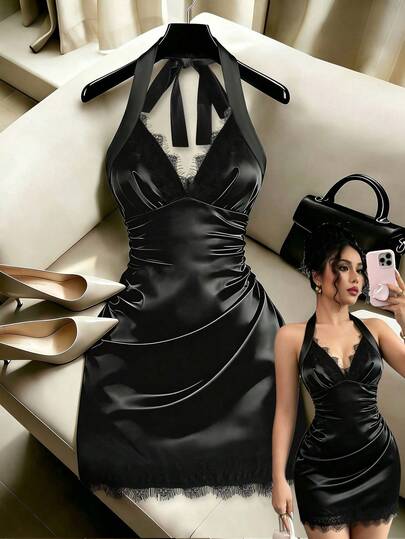 GlowEve Vestido corto de cóctel elegante para fiesta para mujer, de satén negro, con cuello halter, escote en V, patchwork de encaje, cintura fruncida, bajo de encaje, ajuste ceñido tipo ajustado