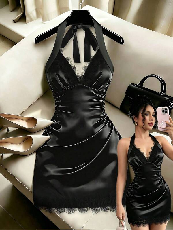 GlowEve Vestido corto de cóctel elegante para fiesta para mujer, de satén negro, con cuello halter, escote en V, patchwork de encaje, cintura fruncida, bajo de encaje, ajuste ceñido tipo ajustado