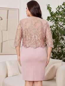 Reflora Plus Size Women's Jacquard 3/4 Sleeve Jacket And Dress Elegant 2 Pieces Set - Dusty Pink - View 2