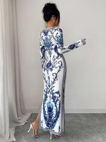 SHEIN Elenzya Women's Blue And White Porcelain Print Fitted Long Sleeve Bodycon Slit Robe, Textured Vintage Style Middle Eastern UAE Abaya - Multicolor - View 2