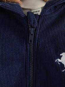 SHEIN Playful Pals Baby Boy Autumn/Winter Front Zipper Embroidered Thermal Lined Corduroy Hooded Jacket, Suitable For Holidays, Parties, Outdoor, School, 6M-3T, Baby Boy Jacket, Toddler Clothing, Baby Clothing - Navy Blue - View 3