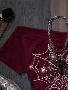 SHEIN EZwear 女款休閒哥德風水鑽蜘蛛圖案腰部抓皺白色與酒紅方領修身短袖T恤，Y2K蜘蛛網印花設計 - 酒紅色 - 查看 5