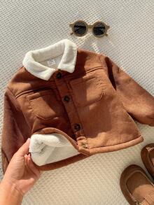 Baby Boy Thermal Lined Thick Collar Long Sleeve Open Front Winter Jacket, Versatile And Comfortable - Brown - View 1