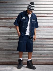 AXEPEAK Conjunto de camisa y pantalones cortos para hombre - Azul Marino - Ver 8