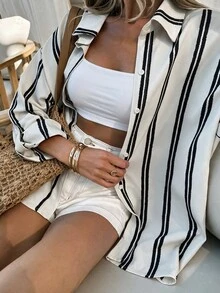Breezaya 女款休閒條紋和服式罩衫，適合度假穿著 - 杏色 - 查看 8