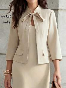 SHEIN Women's Spring/Autumn Fashion Minimalist Elegant Solid Color Tie-Up Mid-Sleeve Faux Pocket Jacket, Long Sleeve Jacket, Minimalist Jacket, Commuter Jacket, Suitable For Daily Commute Wear, Fashionable And Elegant - Khaki - View 8