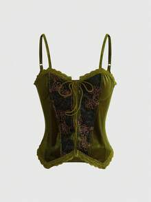 ROMWE Hippie Green Velvet Lace-Up Hollow Waist Lace Embroidered Women's Top - Green - View 1