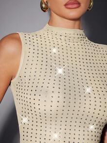 Hauture Sexy Summer Party Burgundy Red Mock Neck Hot Fixed Rhinestone Double Layer Mesh Tank Top - Apricot - View 6