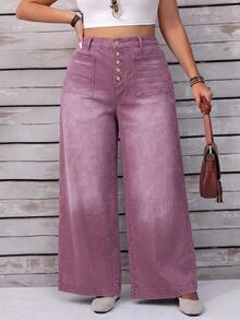 EMERY ROSE Plus Size Women Loose Button Front Wide Leg Casual Jeans - Dusty Pink - View 5