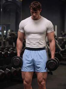 GymBeat 男友風男士字母圖案運動短褲 健身短褲，淺藍色，輕量夏季款 - 藍色 - 查看 7