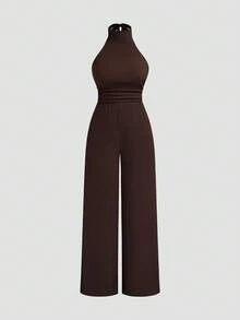 Sweetra Plus Size Solid Color Backless Halter Neck Jumpsuit Vacation Hawaii Chocolate Brown Summer Casual Normal - Coffee Brown - View 1