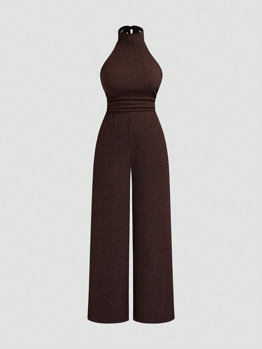 Sweetra Plus Size Solid Color Backless Halter Neck Jumpsuit Vacation Hawaii Chocolate Brown Summer Casual Normal - Coffee Brown - View 1