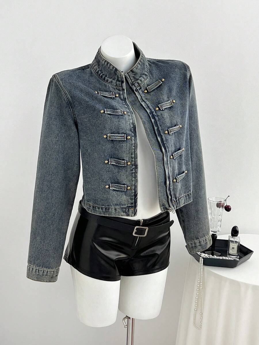 Elamini Festival Standard Size Women's Blue Non-Stretch Long Sleeve Denim Jacket - Medium Wash - View 1