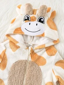 SHEIN Newborn Baby Boy Baby Girl Toddler Boy Fall And Winter Clothes Outfits, Rompers, Fleece Lined Thick Cute Giraffe Pattern Hooded Long Sleeve Jumpsuit Bodysuit, Comfortable Versatile Fashion Daily Casual Cute Minimalist Basic Style, Suitable For Indoor, Outdoor Skiing, Daily, Sports, Play, Party, Photography, Halloween - Apricot - View 4
