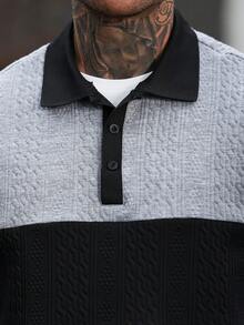 Manfinity CasualCool 男士 POLO 領長袖緹花運動衫，純色布料拼接設計，休閒度假、約會之夜、街頭穿搭，灰色秋季款 - 彩色 - 查看 4