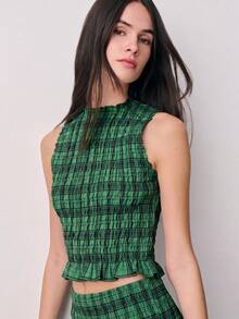Nöista Conjunto de dos piezas a cuadros con detalle de volantes en la cintura. Verano, otoño, resort, casual chic, estilo de fiesta - Verde Oscuro - Ver 3