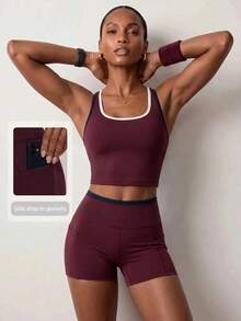 Zivah Women's Cropped Top And High Waist Shorts Set - Colorblock Casual Sports Outfit For Fitness Workout Year Round - Burgundy - View 3