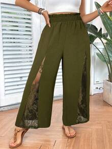 SHEIN VCAY Plus Size Solid Color Elastic Waist Elegant Lace Patchwork Pants - Olive Green - View 5