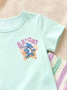 Baby Girl Casual Minimalist Cute Cartoon Blue Rabbit Lulu, Stitch Pattern, Striped, Round Neck Loose Short Sleeve T-Shirt And Leggings Set, Suitable For Spring/Summer, Kawaii, Graphic, Cozy, Vacation Style, Dopamine Color, Looks Of Party - White - View 3