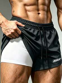 Coreblaze Men's Letter Print Drawstring Waist Double Layer Sports Shorts - Dark Grey - View 1
