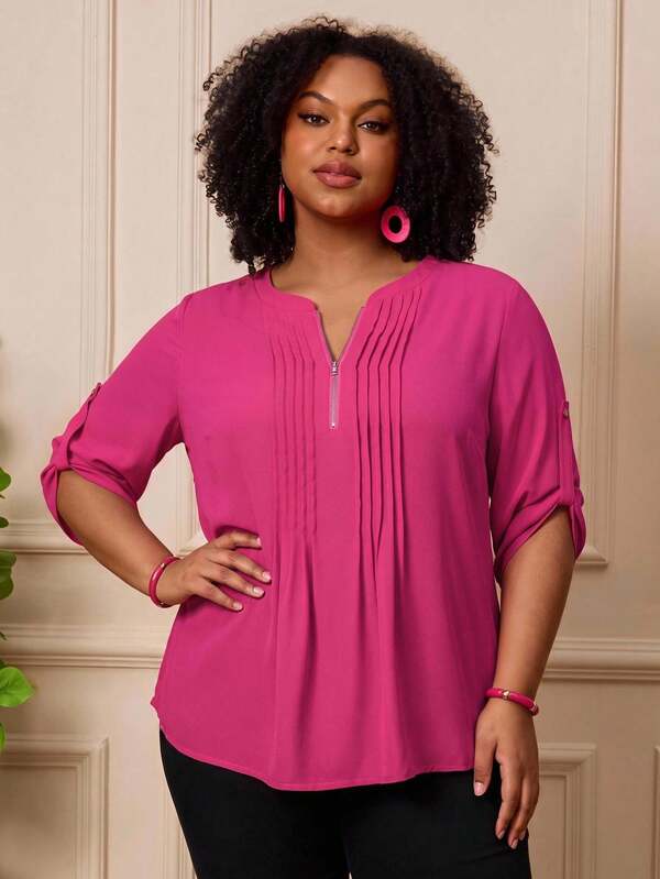 BrightlyHer Plus Size Women's Half Zip Round Neck 3/4 Sleeve Loose Blouse Casual Going Out Beautiful Blouses For Women Fashion Daily Wear Fall Fashion 2026
