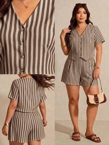 Melodosi Plus Size Striped Single-Breasted Shirt And Casual Shorts 2 Pieces Set - Multicolor - View 1