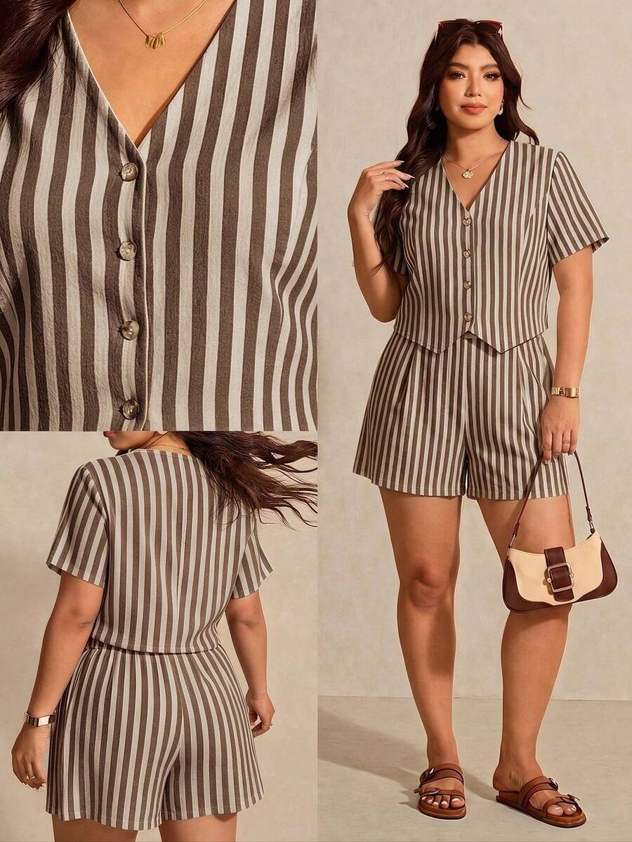 Melodosi Plus Size Striped Single-Breasted Shirt And Casual Shorts 2 Pieces Set - Multicolor - View 1