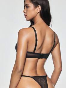 SHAPORA Solid Color Mesh T-Back Panties With Tummy Control And Butt Lifting, Sexy Women's Underwear - Black - View 3